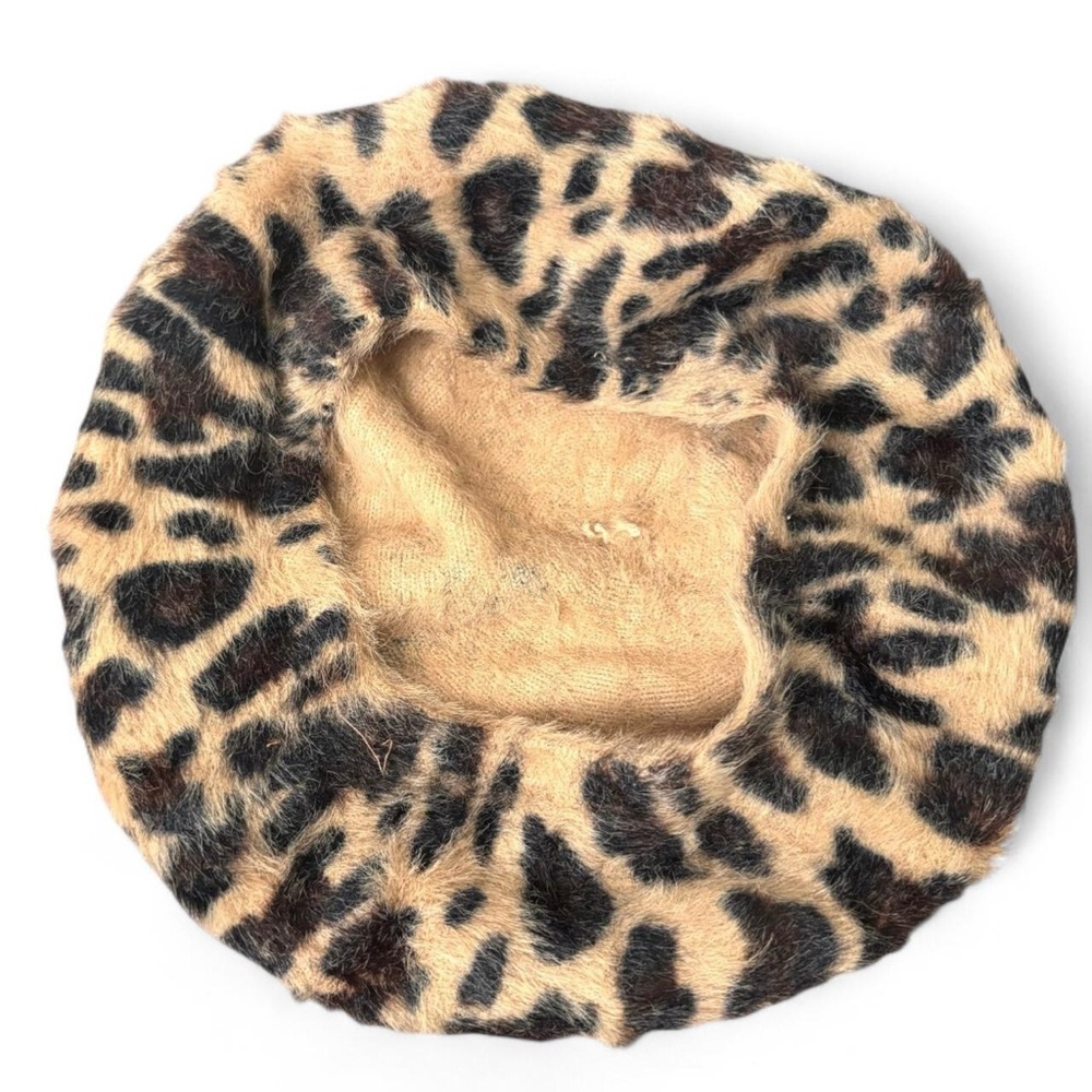 Black and tan leopard print fuzzy faux fur beret - Picture 5 of 8